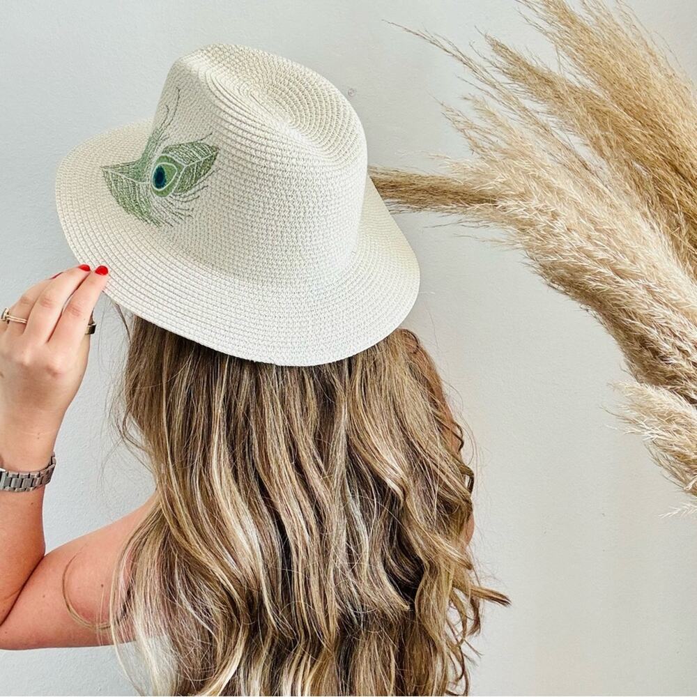 VINTAGE NORDSTROM Cream Tan Straw Wide Visor Brim Green Peacock Fedora Sun Hat - Picture 4 of 11